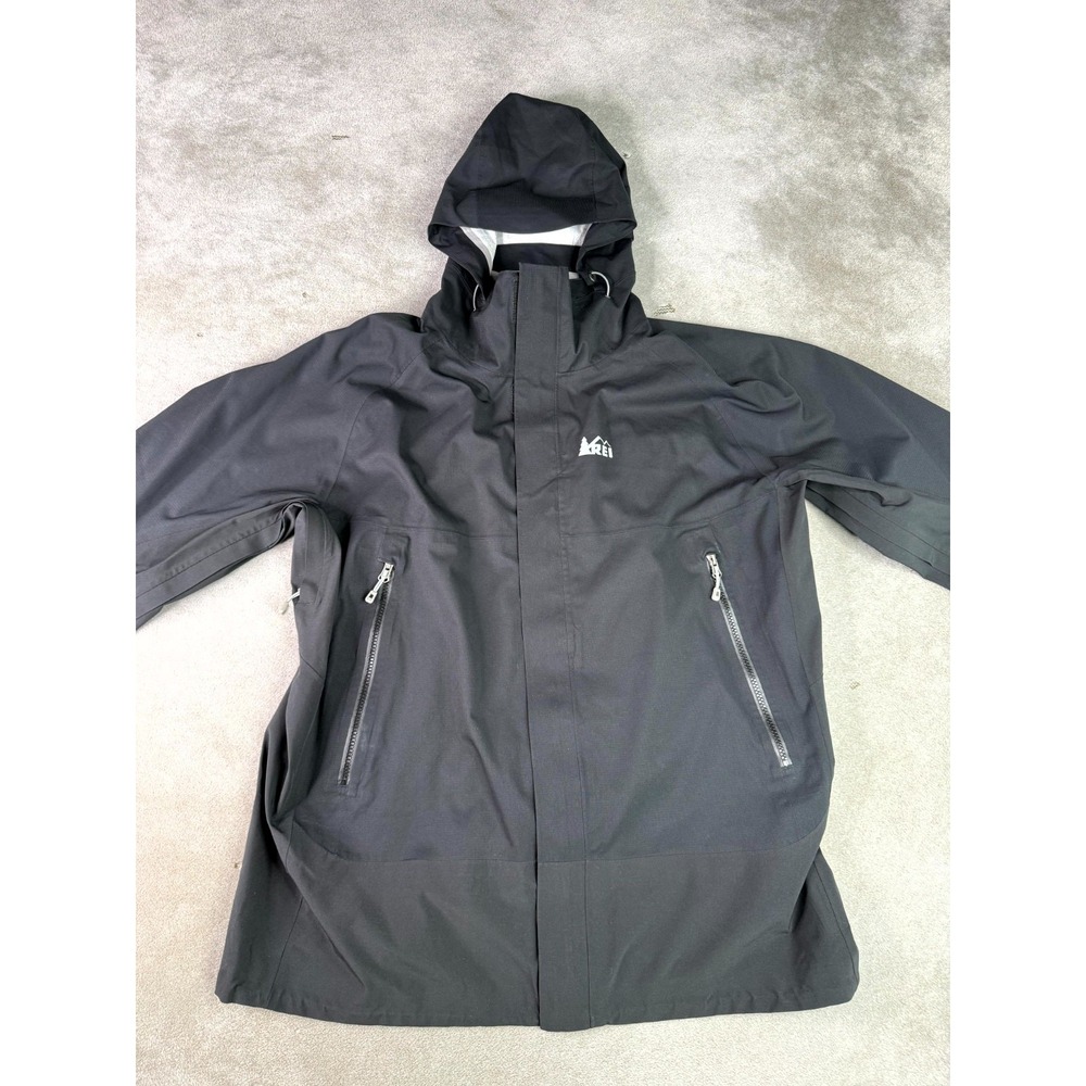 REI Elements Rain Jacket Mens XL Black Hooded Waterproof Outdoor Winter Full Zip